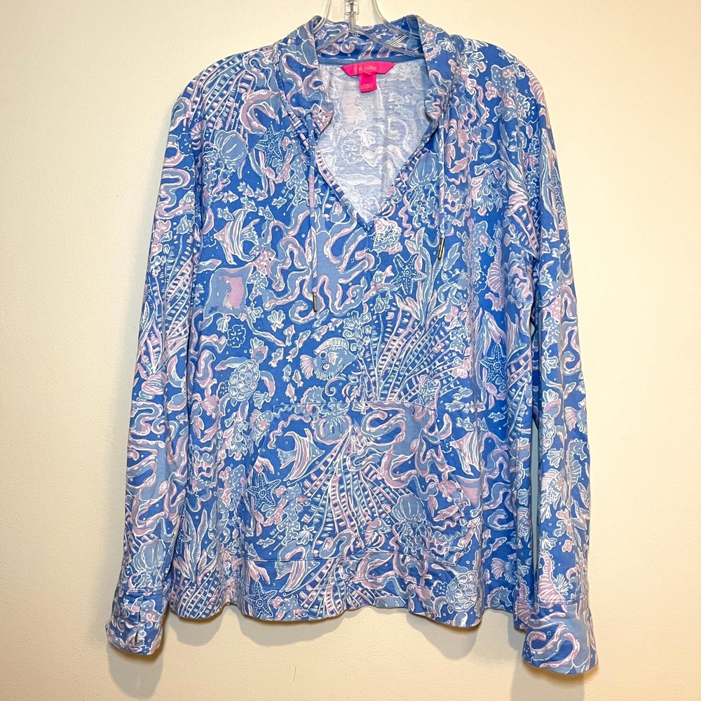Lilly Pulitzer Shirt Cassi Popover Casual Top Blue Purple Sea What I Sea XL